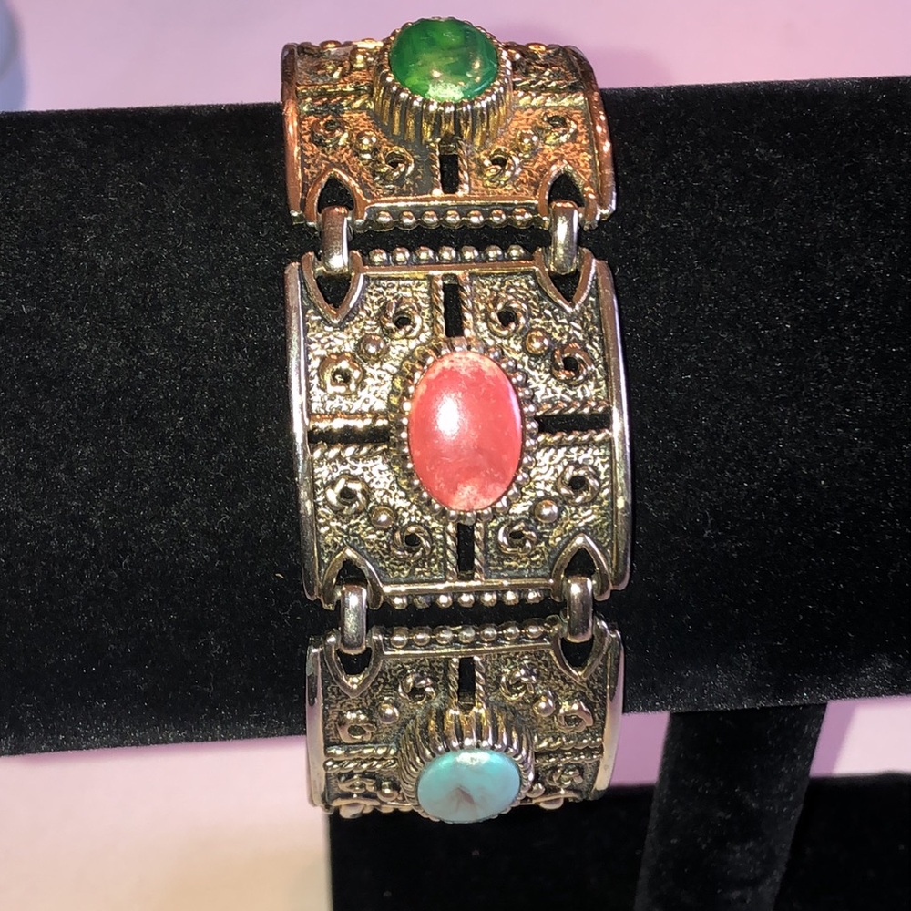 Sarah Coventry Vintage Ornate Link Bracelet with Colored Cabochons - Picture 3 of 8